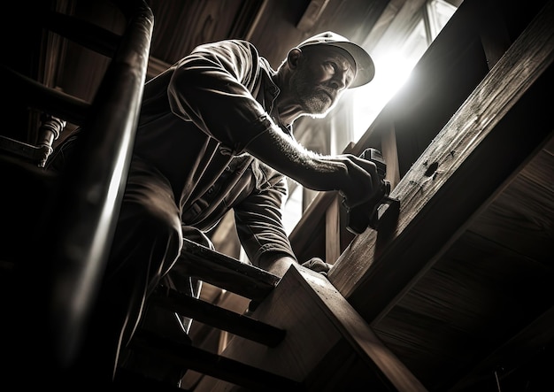 Photo a dramatic lowangle shot of a carpenter working on a wooden staircase the camera is positioned