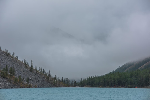 Dramatic meditate landscape with ripples on big azure mountain lake against pointy firs silhouettes in low clouds Tranquil view to cyan alpine lake and peaked tops of spruces in low cloudy gray sky