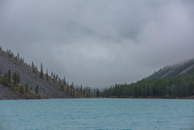 写真 青い山の湖に波が浮かぶ い杉のシルエットに反して 低い雲に静かな景色 青いアルプス湖に静かな景色 低い雲の灰色の空にの頂点がある