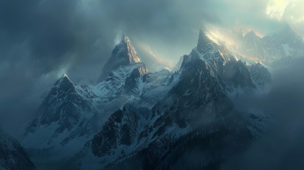 Photo a dramatic mountain vista at dusk with the last rays of sunlight illuminating the peaks before nightfall