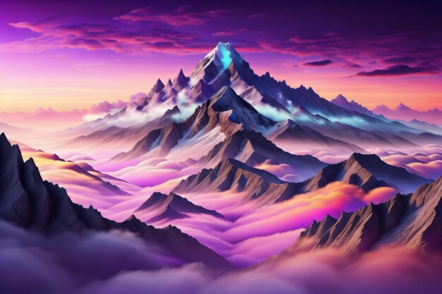 Dramatic Mountains under pink clouds and pink sky pink mountains Wallpaper background generative ai