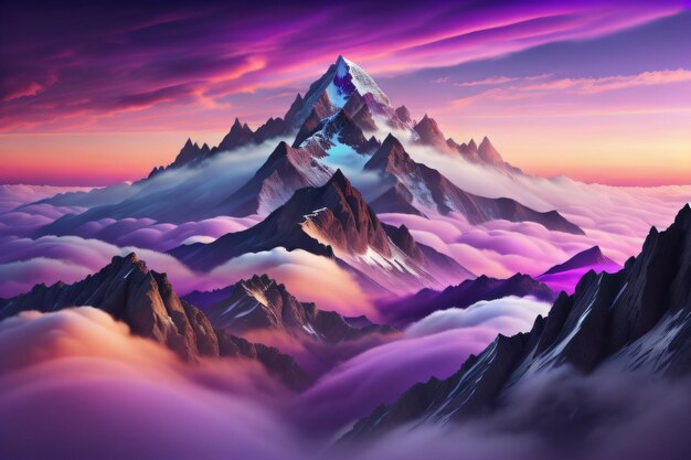 Dramatic Mountains under pink clouds and pink sky pink mountains Wallpaper background generative ai