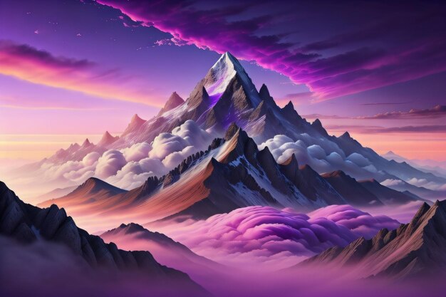 Dramatic Mountains under pink clouds and pink sky pink mountains Wallpaper background generative ai