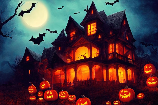 A dramatic mystical Halloween backdrop. A full moon shines in the sky a flock of bats flies.