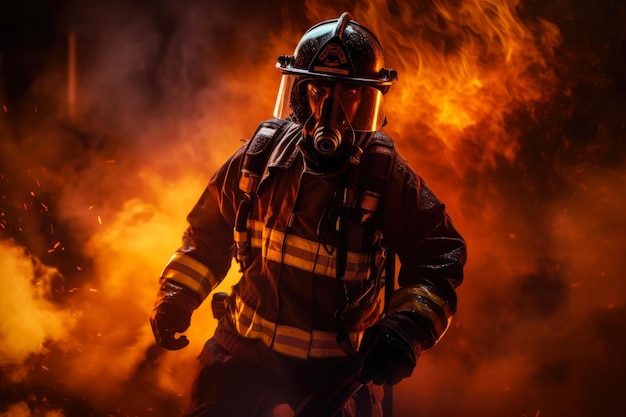 Dramatic Night Fire Battle Composite Image of Firefighter in Action