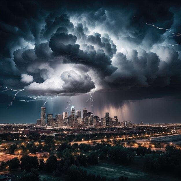 Photo dramatic night sky over cityscape lightning and thunderstorm