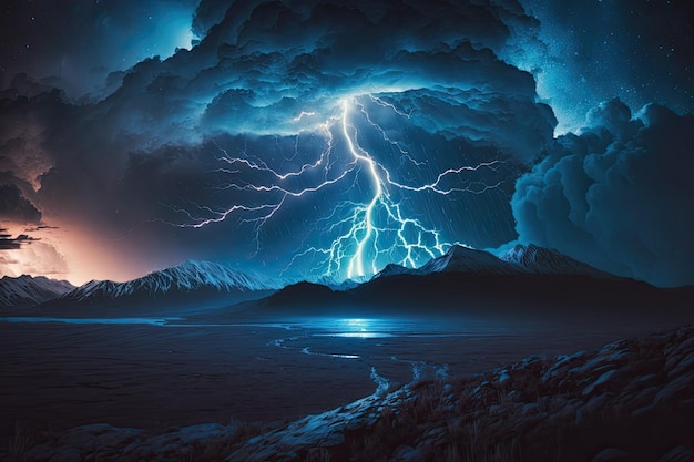 A dramatic night sky filled with dark clouds and flashes of lightning Ambient nighttime mountainous