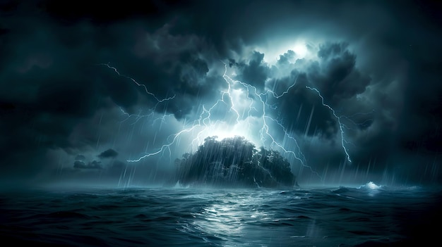 Dramatic ocean storm at night dark clouds with lightning bolts striking Ideal for thrillers or suspense scenes Stormy sea landscape capturing natures fury AI