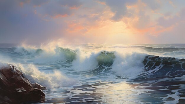 海の夕暮れ 雲が輝いて 波が岩の岸にぶつかる