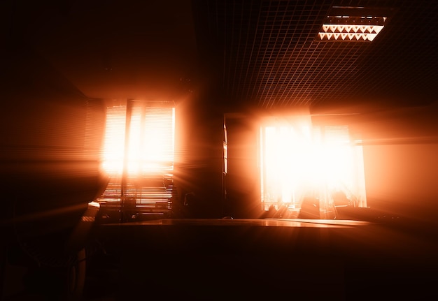 Dramatic office interior during sunset background