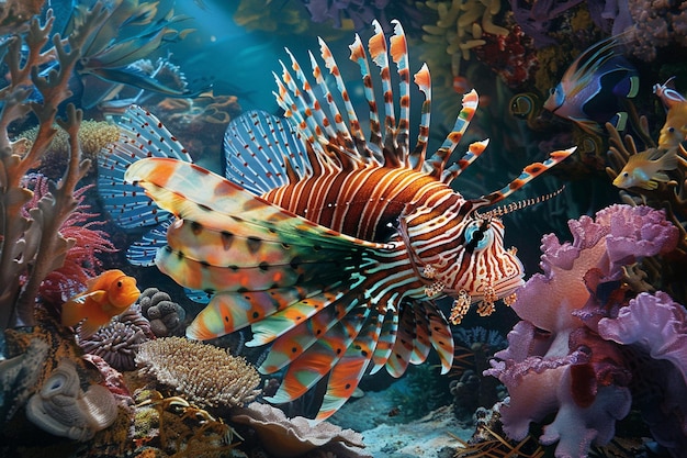 Photo a dramatic ograph capturing a lionfish in full hun generative ai