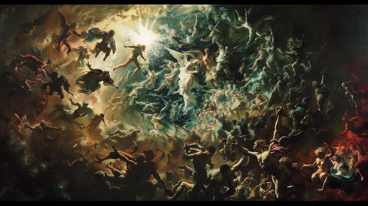 Photo 混沌とした戦いの天使と悪魔を描いた劇的な絵画