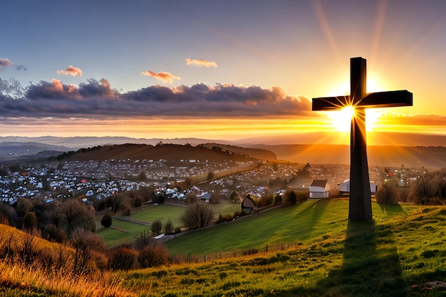 Dramatic Panorama Easter Sunday Morning Sunrise With Cross On Hill