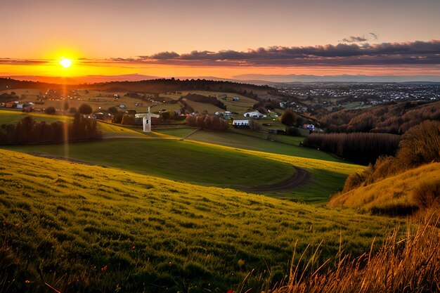 Dramatic Panorama Easter Sunday Morning Sunrise With Cross On Hill