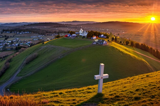 Dramatic Panorama Easter Sunday Morning Sunrise With Cross On Hill