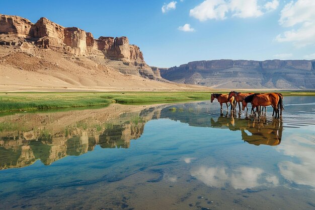 A dramatic photograph of wild horses gathering aro generative ai