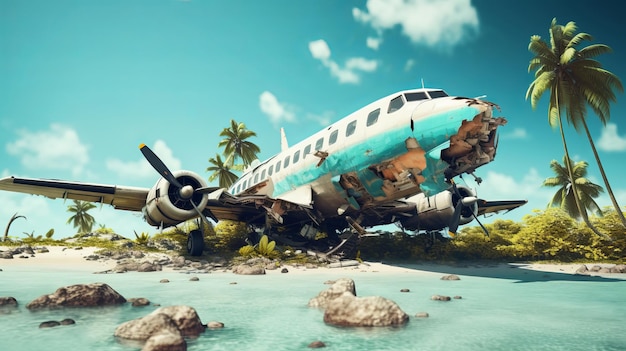 Dramatic plane crash on an island airplane emergency accident concept