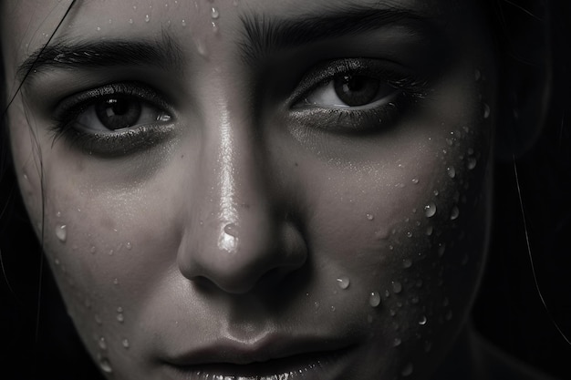 Dramatic portrait of a beautiful lonely girl with freckles isolated on a dark background in studio