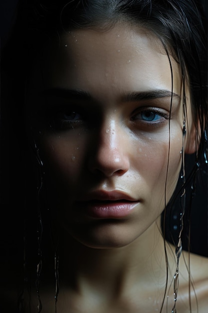 Dramatic portrait of a beautiful lonely girl with freckles isolated on a dark background in studio