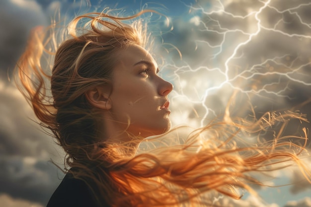 Foto ritratto drammatico di una donna con i capelli che scorrono contro un cielo tempestoso con fulmini