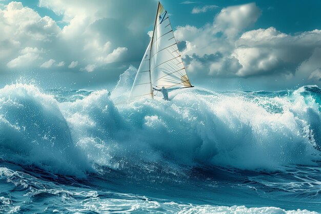 Photo the dramatic power of the sea is captured as a windsurfer cuts through towering waves a testament to