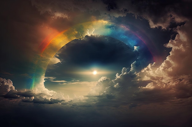 Photo dramatic rainbow stretching across the sky with the sun peeking through clouds