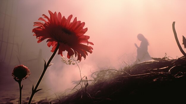 Photo dramatic red flower silhouette on hill a captivating analog photograph