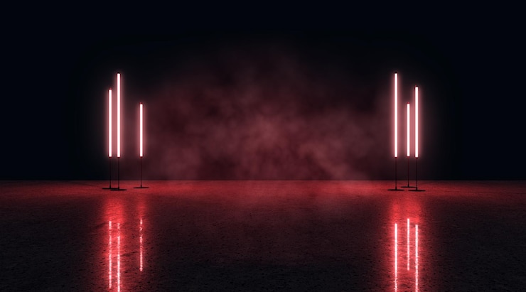 Photo dramatic red light pillars casting reflections on a dark stage with mist performance concept 3d rendering