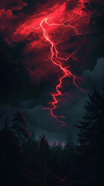 Photo dramatic red lightning over dark forest