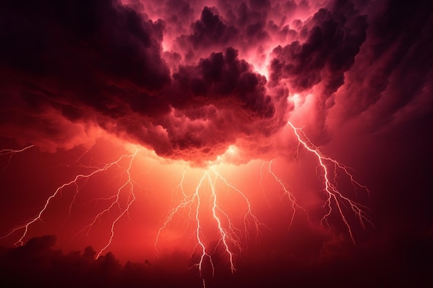 Dramatic red storm sky engulfed in electrifying apocalyptic lightning