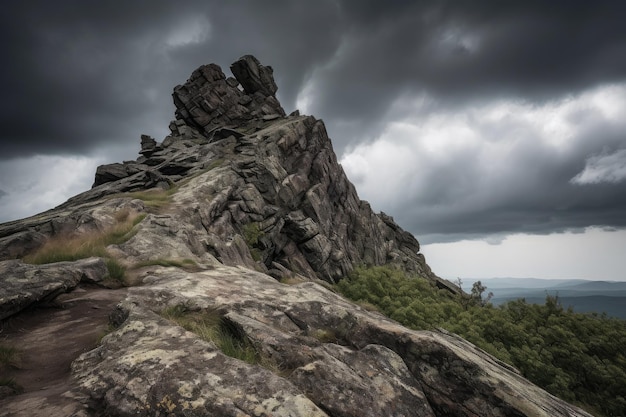 Dramatic rock outcropping with stormy sky above created with generative ai