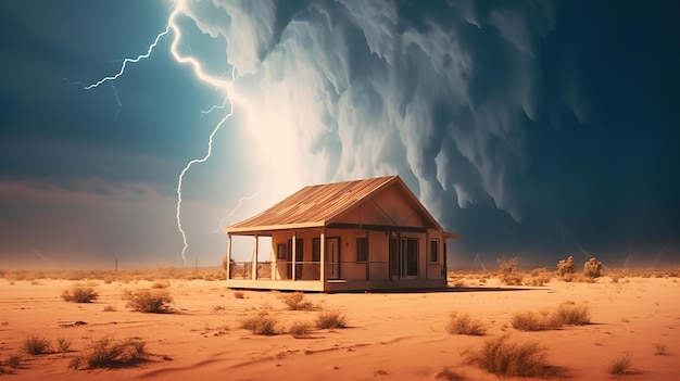 Dramatic sand storm in desert thunderstorm lightning Abstract background Digital art