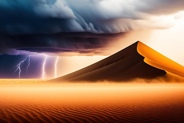 Dramatic sand storm in desert thunderstorm lightning Abstract background