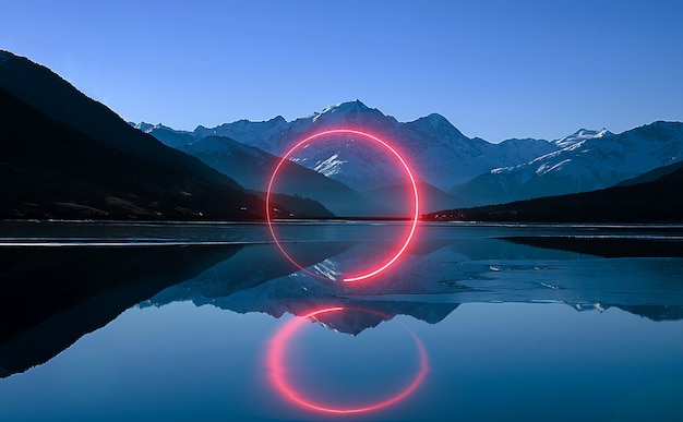 Foto scena drammatica grande luna al chiaro di luna neon paesaggio notturno riflesso nell'illustrazione 3d dell'oceano del mare del fiume