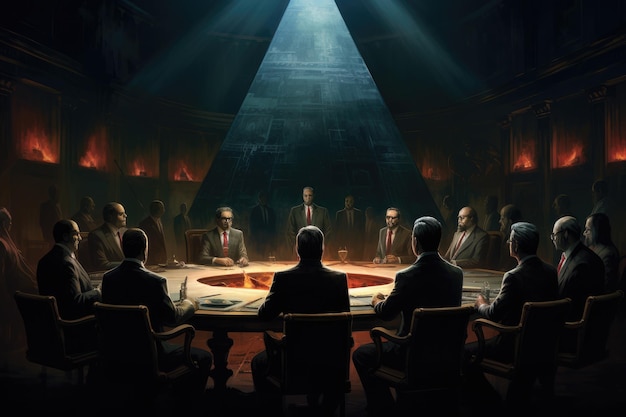 Драматическая сцена деловой встречи в темной комнате встречи тайного общества, замышляющей заговор, созданный ИИ