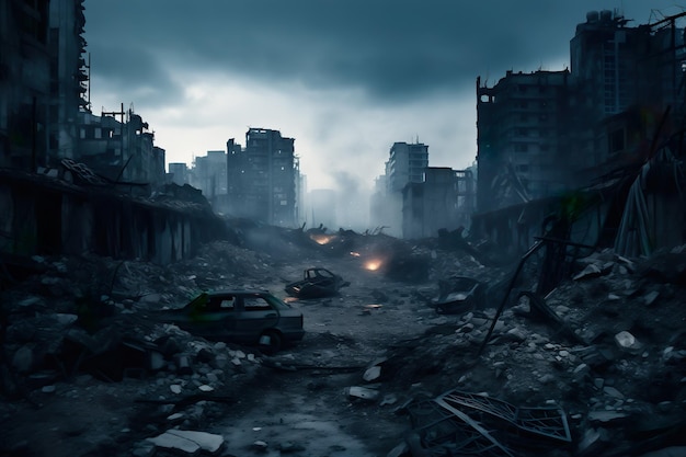 Dramatic scene of city destroyed by ruthless war