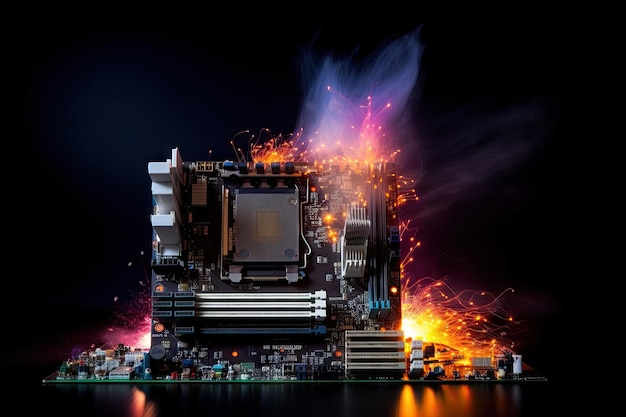 Dramatic scene of computer components undergoing intense overclocking and overheating