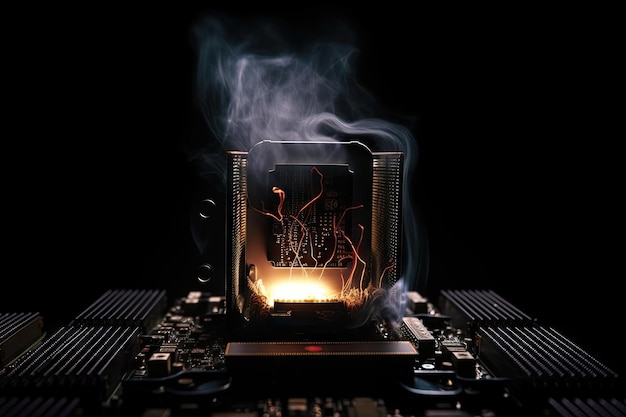 Dramatic scene of computer components undergoing intense overclocking and overheating