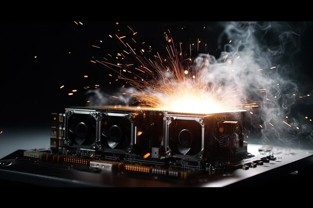 Photo dramatic scene of computer components undergoing intense overclocking and overheating