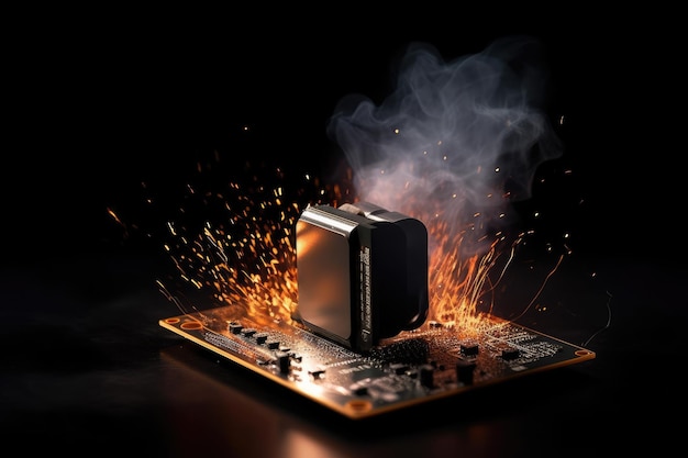 Photo dramatic scene of computer components undergoing intense overclocking and overheating