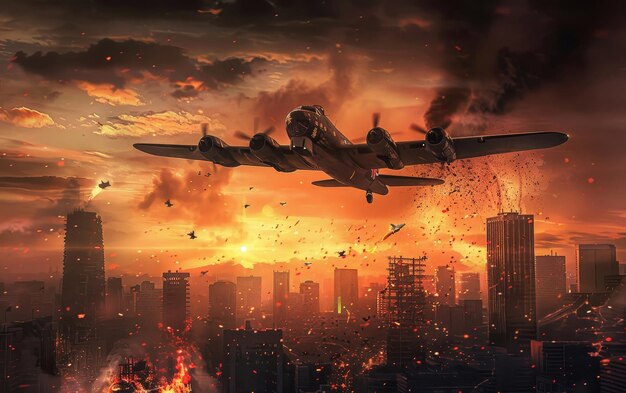 A dramatic scene of a plane flying over a city engulfed in flames and smoke depicting an intense and catastrophic event