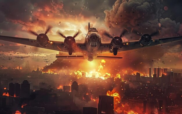 Photo a dramatic scene of a plane flying over a city engulfed in flames and smoke depicting an intense and catastrophic event