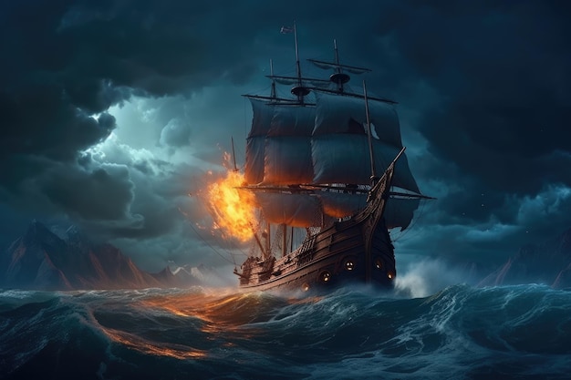 Драматическая сцена корабля в шторме ночью с высокими волнами океана