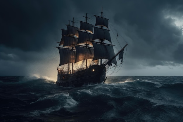 Драматическая сцена корабля в шторме ночью с высокими волнами океана