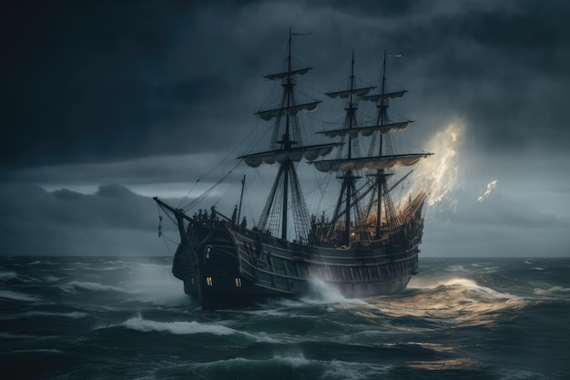 Dramatic scene of A ship in the storm at night with high waves of the ocena