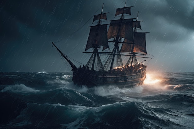 Dramatic scene of A ship in the storm at night with high waves of the ocena