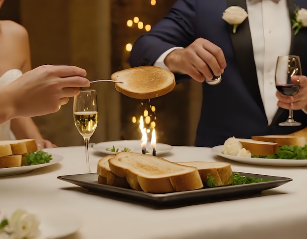 A dramatic scene of a toast being made at a wedding banquet