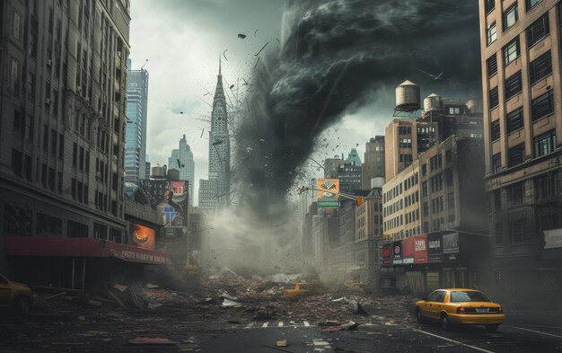 A dramatic scene of a tornado in a city causing destruction and chaos amidst buildings and cars