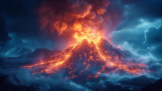 dramatic scene of a volcano blending tradition with modernity