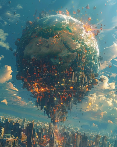 Dramatic scifi depiction of a dystopian world erupting into the sky